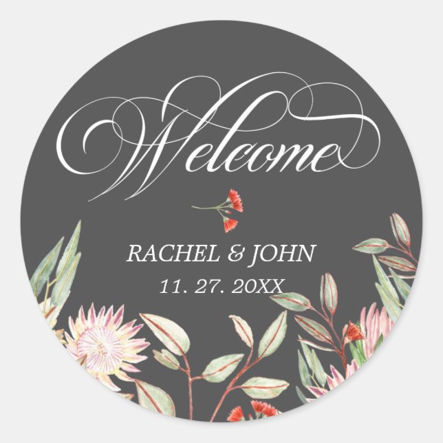 Grey Stylish Calligraphic Script Welcome Wedding Classic Round Sticker (Front)
