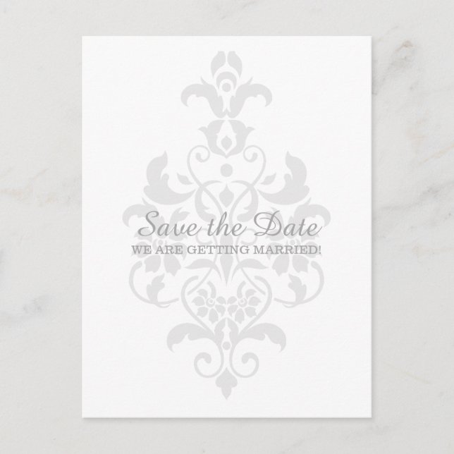 Grey Subtle Damask Save the Date Postcard (Front)
