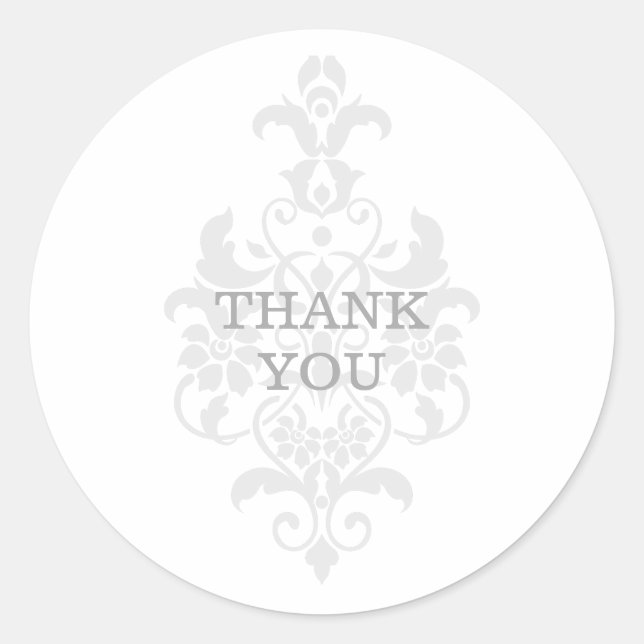 Grey Subtle Damask Thank You Stickers (Front)