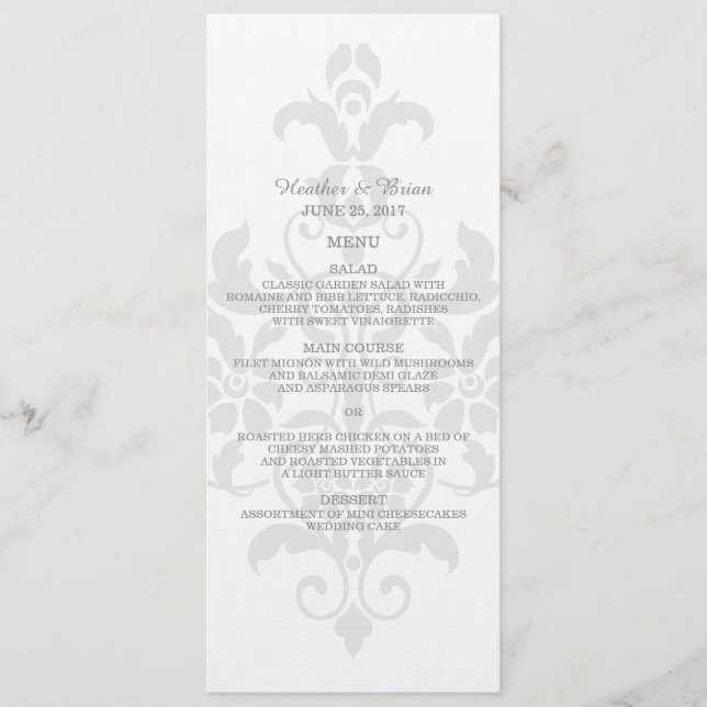 Grey Subtle Damask Wedding Menu (Front)
