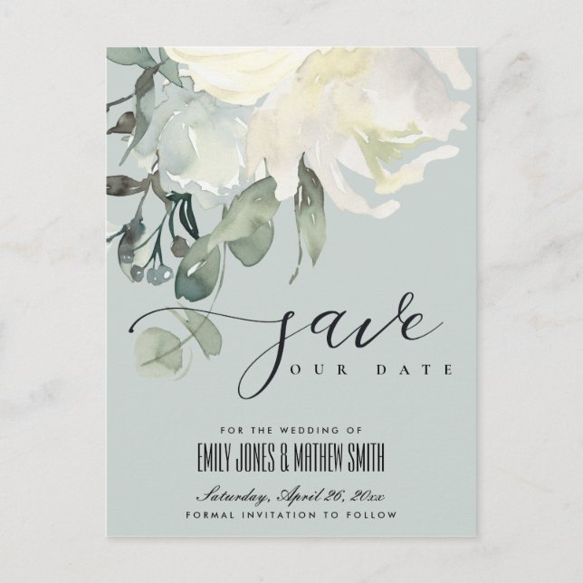GREY SUBTLE IVORY WHITE FLORAL BUNCH SAVE THE DATE ANNOUNCEMENT POSTCARD (Front)