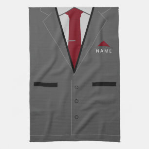 Grey Suit With Red Necktie - Add Name - Funny Kitchen Towel