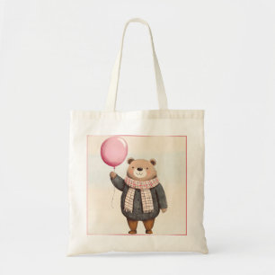 Grey Sweater Bear with Pink Plaid Scarf Tote Bag