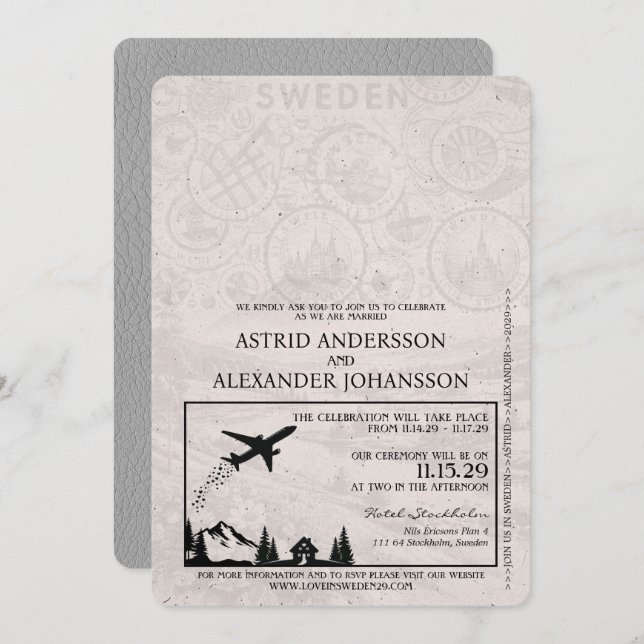 Grey Sweden Passport Wedding Invitation (Front/Back)