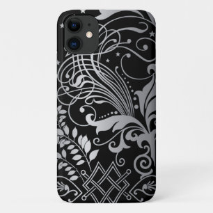 Grey Swirling Damask Pattern on Black Case-Mate iP iPhone 11 Case