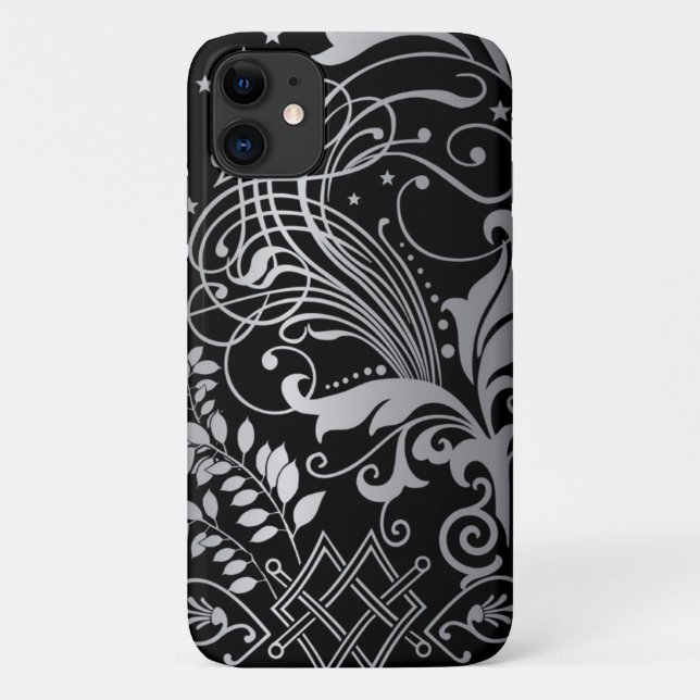 Grey Swirling Damask Pattern on Black Case-Mate iP iPhone Case (Back)