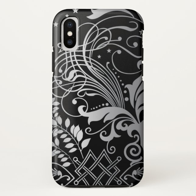 Grey Swirling Damask Pattern on Black Case-Mate iPhone Case (Back)