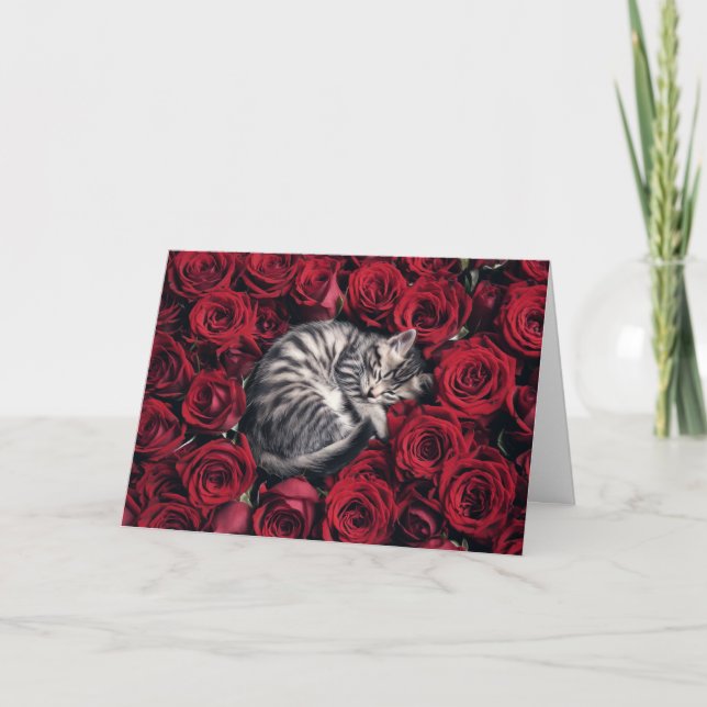 Grey Tabby and Roses  Card (Front)