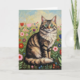 Grey Tabby Cat and Folk Art Flowers Birthday Card