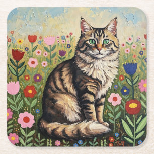 Grey Tabby Cat and Folk Art Flowers  Square Paper Coaster