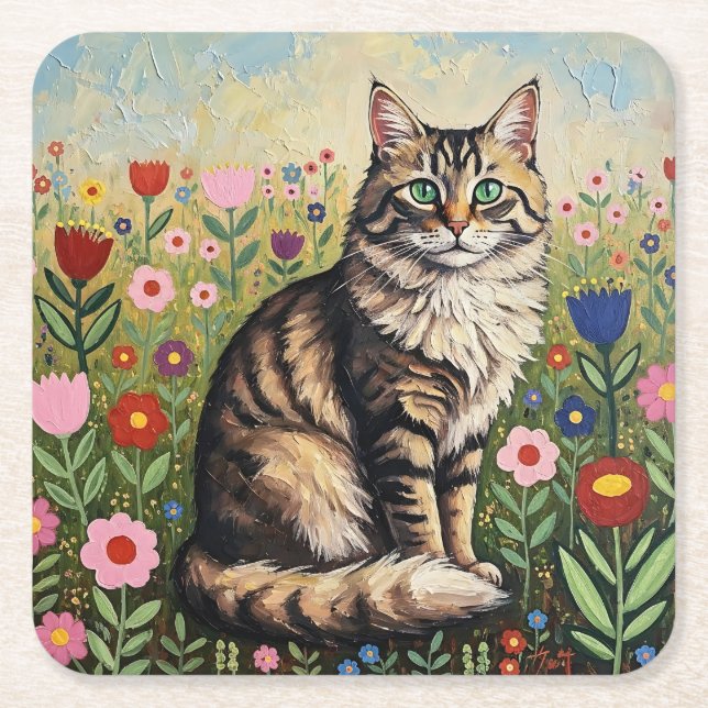 Grey Tabby Cat and Folk Art Flowers  Square Paper Coaster (Front)