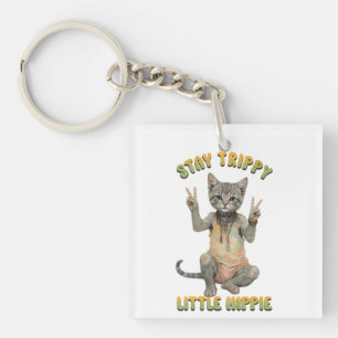 Grey Tabby Cat Boho Stay Trippy Little Hippie Keychain