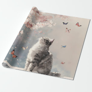 Grey Tabby Cat - Cherry Blossoms & Butterflies Wrapping Paper