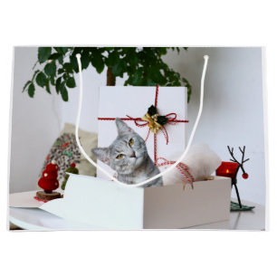 Grey tabby cat Christmas Large Gift Bag