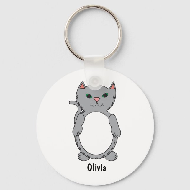 Grey Tabby Cat Cute Personalize Keychain (Front)