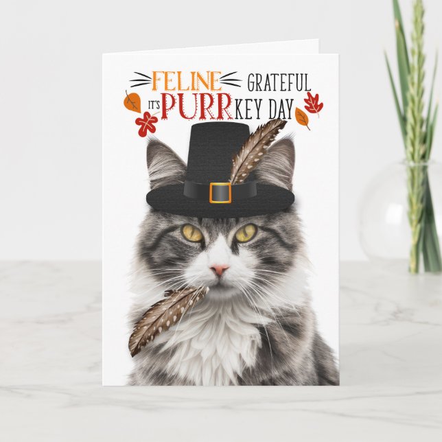 Grey Tabby Cat Feline Grateful for PURRkey Day Holiday Card (Front)