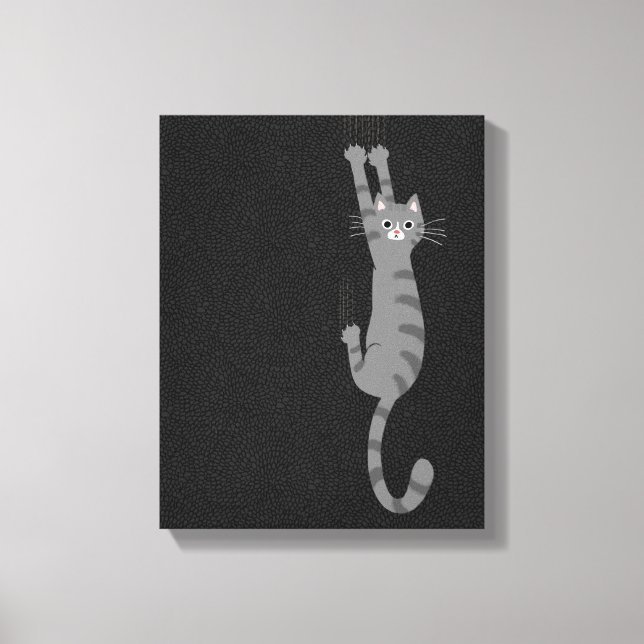 Grey Tabby Cat Hanging On | Funny Grey Striped Cat Canvas Print (Front)
