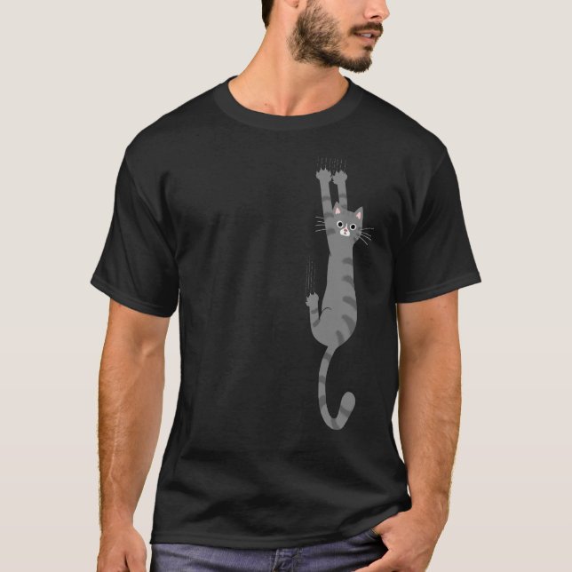 Grey Tabby Cat Hanging On | Funny Grey Striped Cat T-Shirt (Front)