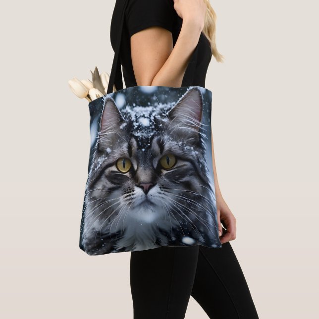 Grey Tabby Cat in Snow  Tote Bag (Close Up)