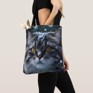 Grey Tabby Cat in Snow Winter Cat Lover Gift Tote Bag