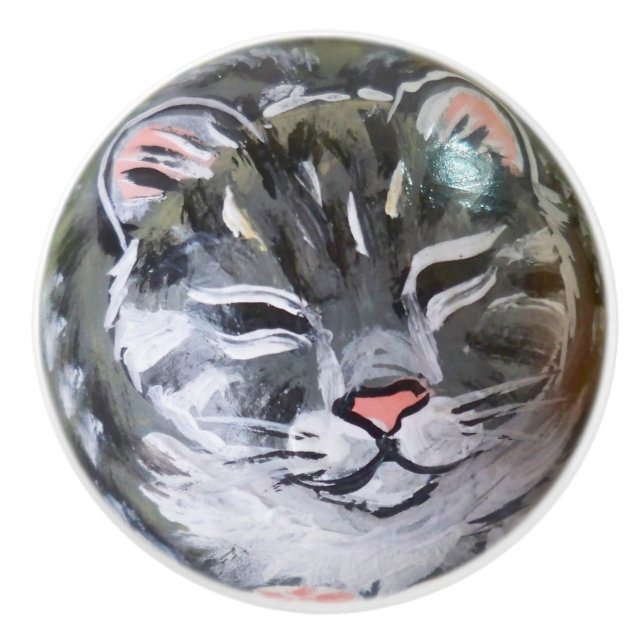 Grey Tabby Cat Kitten Drawer Cabinet Door Knob Pul (Front)