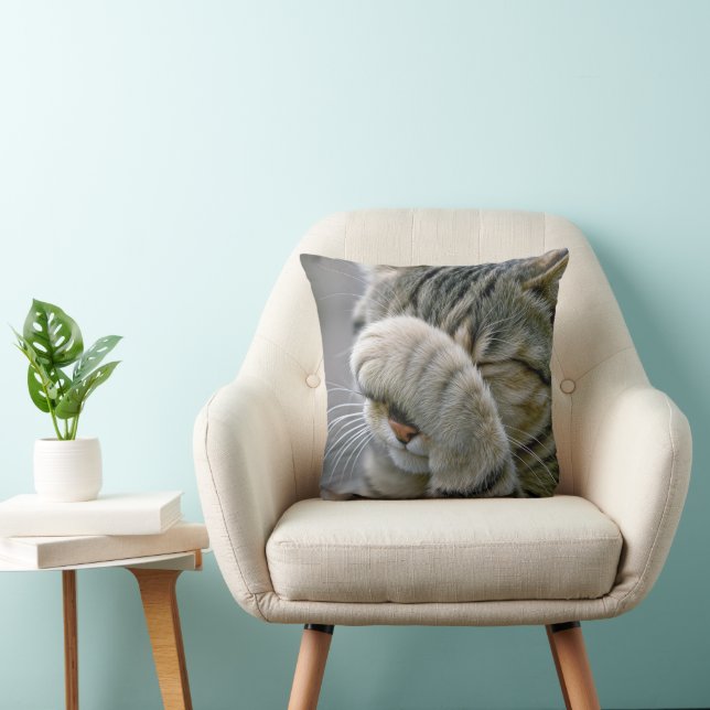 Grey Tabby Cat Macro Throw Pillow (Chair)