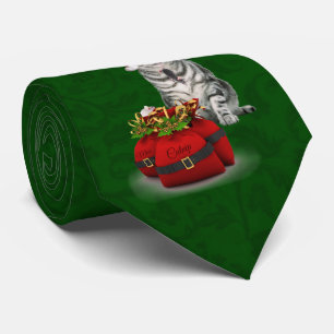 Grey Tabby Cat on Christmas Green Tie