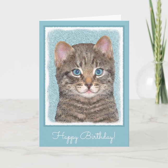 Grey Tabby Cat Painting - Cute Original Cat Art Card (Front)