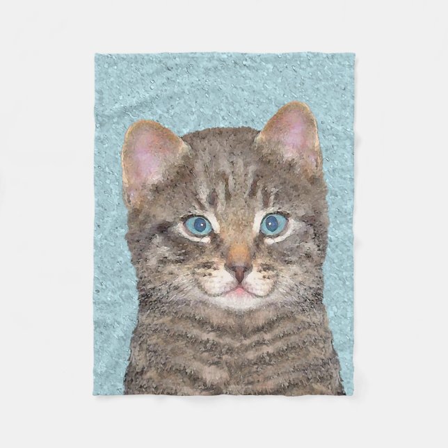Grey Tabby Cat Painting - Cute Original Cat Art Fleece Blanket (Front)