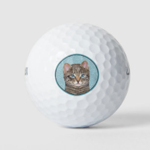 Grey Tabby Cat Painting - Cute Original Cat Art Golf Balls