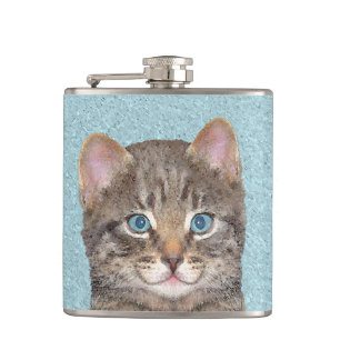 Grey Tabby Cat Painting - Cute Original Cat Art Hip Flask