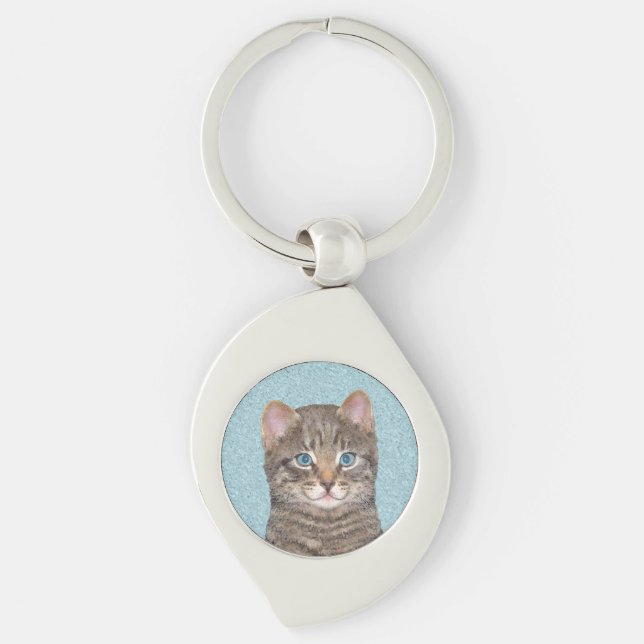 Grey Tabby Cat Painting - Cute Original Cat Art Keychain (Front)