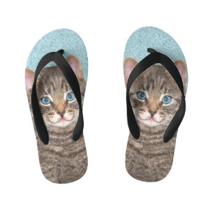 Grey Tabby Cat Painting - Cute Original Cat Art Kid's Flip Flops