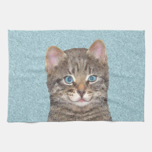Grey Tabby Cat Painting - Cute Original Cat Art Kitchen Towel