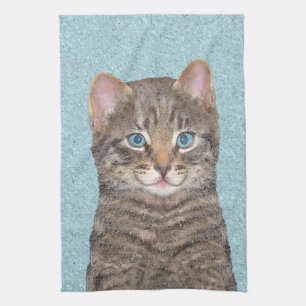 Grey Tabby Cat Painting - Cute Original Cat Art Kitchen Towel