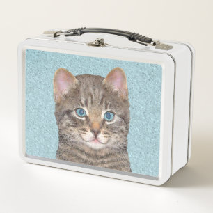 Grey Tabby Cat Painting - Cute Original Cat Art Metal Lunch Box