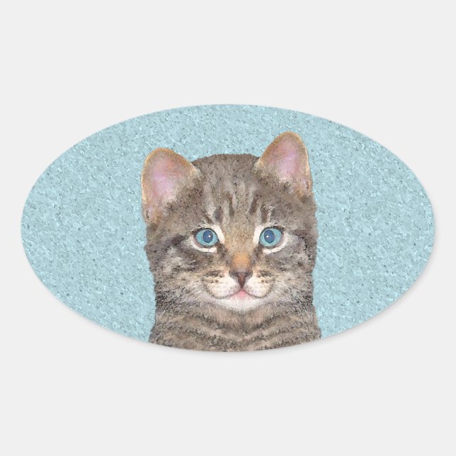 Grey Tabby Cat Painting - Cute Original Cat Art Oval Sticker (Front)