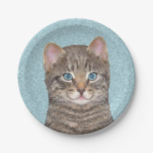 Grey Tabby Cat Painting - Cute Original Cat Art Paper Plate