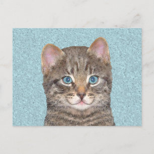 Grey Tabby Cat Painting - Cute Original Cat Art Postcard