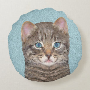 Grey Tabby Cat Painting - Cute Original Cat Art Round Pillow