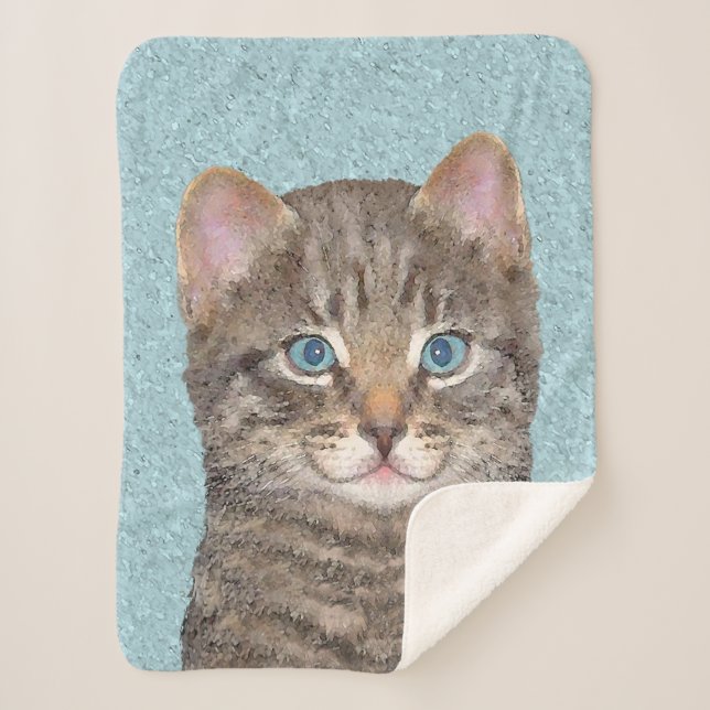 Grey Tabby Cat Painting - Cute Original Cat Art Sherpa Blanket (Front)