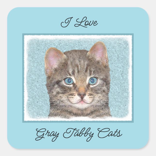 Grey Tabby Cat Painting - Cute Original Cat Art Square Sticker (Front)