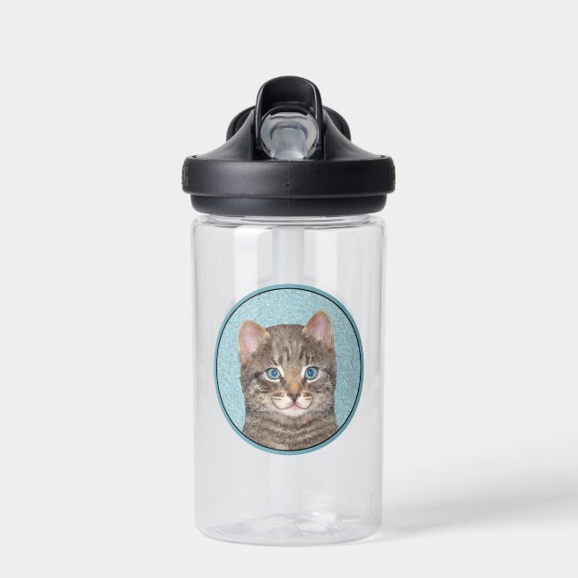 Grey Tabby Cat Painting - Cute Original Cat Art Water Bottle (Front)