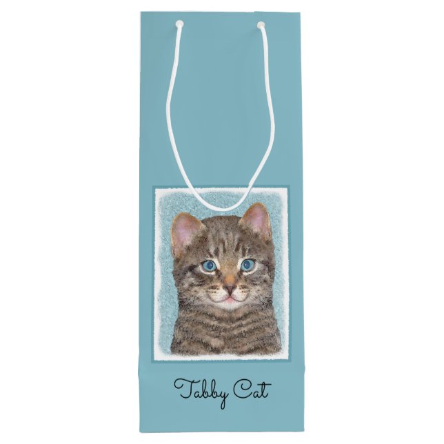 Grey Tabby Cat Painting - Cute Original Cat Art Wine Gift Bag (Back)