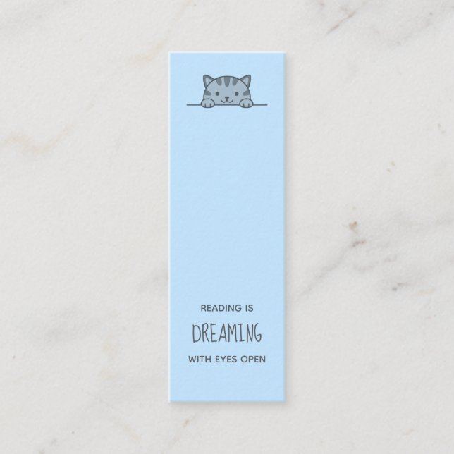 Grey Tabby Cat Peeking above Bookmark Blue Mini Business Card (Front)