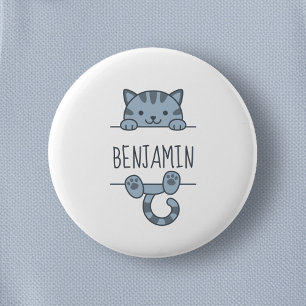Grey Tabby Cat Peeking behind Custom Name 2 Inch Round Button