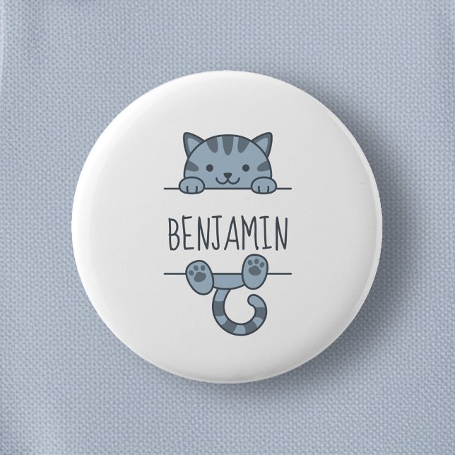 Grey Tabby Cat Peeking behind Custom Name 2 Inch Round Button (Creator Uploaded)