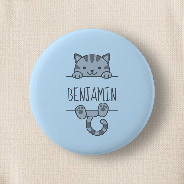 Grey Tabby Cat Peeking behind Custom Name Blue 2 Inch Round Button (Creator Uploaded)