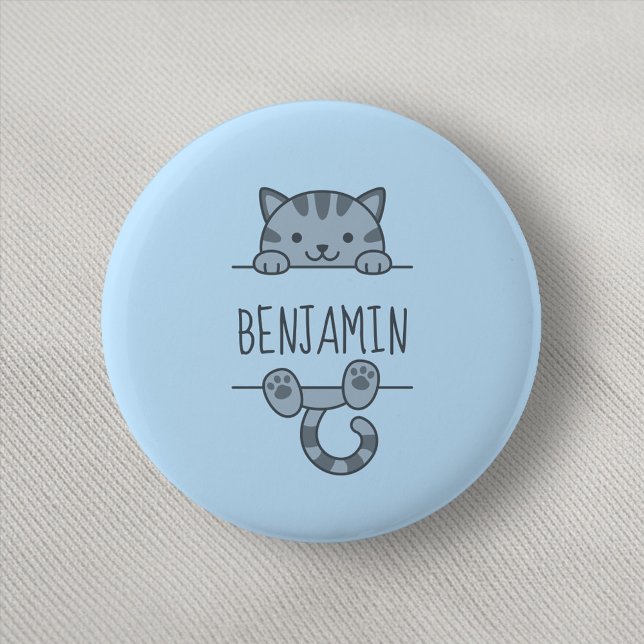 Grey Tabby Cat Peeking behind Custom Name Blue 2 Inch Round Button (Creator Uploaded)