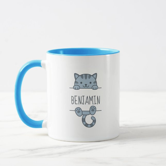 Grey Tabby Cat Peeking behind Custom Name Mug (Left)